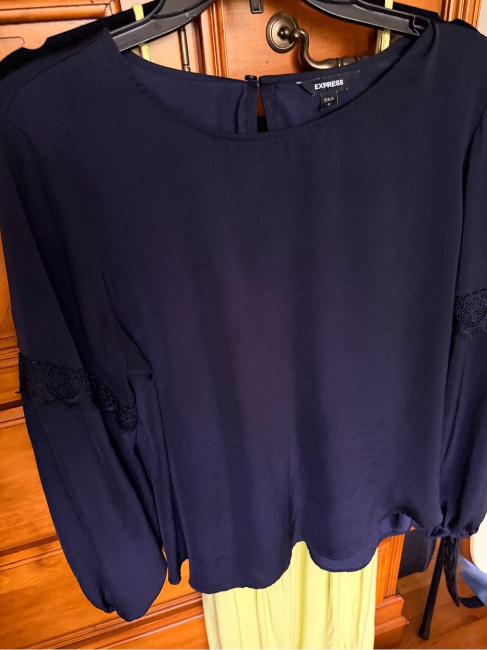 Express Navy Long Sleeve Lace-Trim Blouse